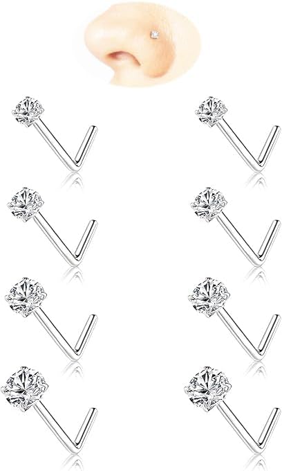 Nose Rings Studs: 8Pcs 20G/18G Gold/Silver 316L Surgical Stainless Steel Nose Studs Hypoallergenic Corkscrew Nose Piercing Stud Jewelry for Women Men Clear Cubic Zirconia Imitation Diamond Top Size 1.5mm 2mm 2.5mm 3mm